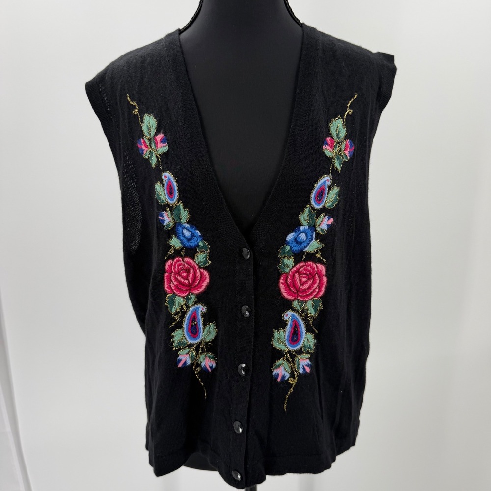Vintage Koret Button sweater Vest Floral Embroidered Wool Blend Medium Black